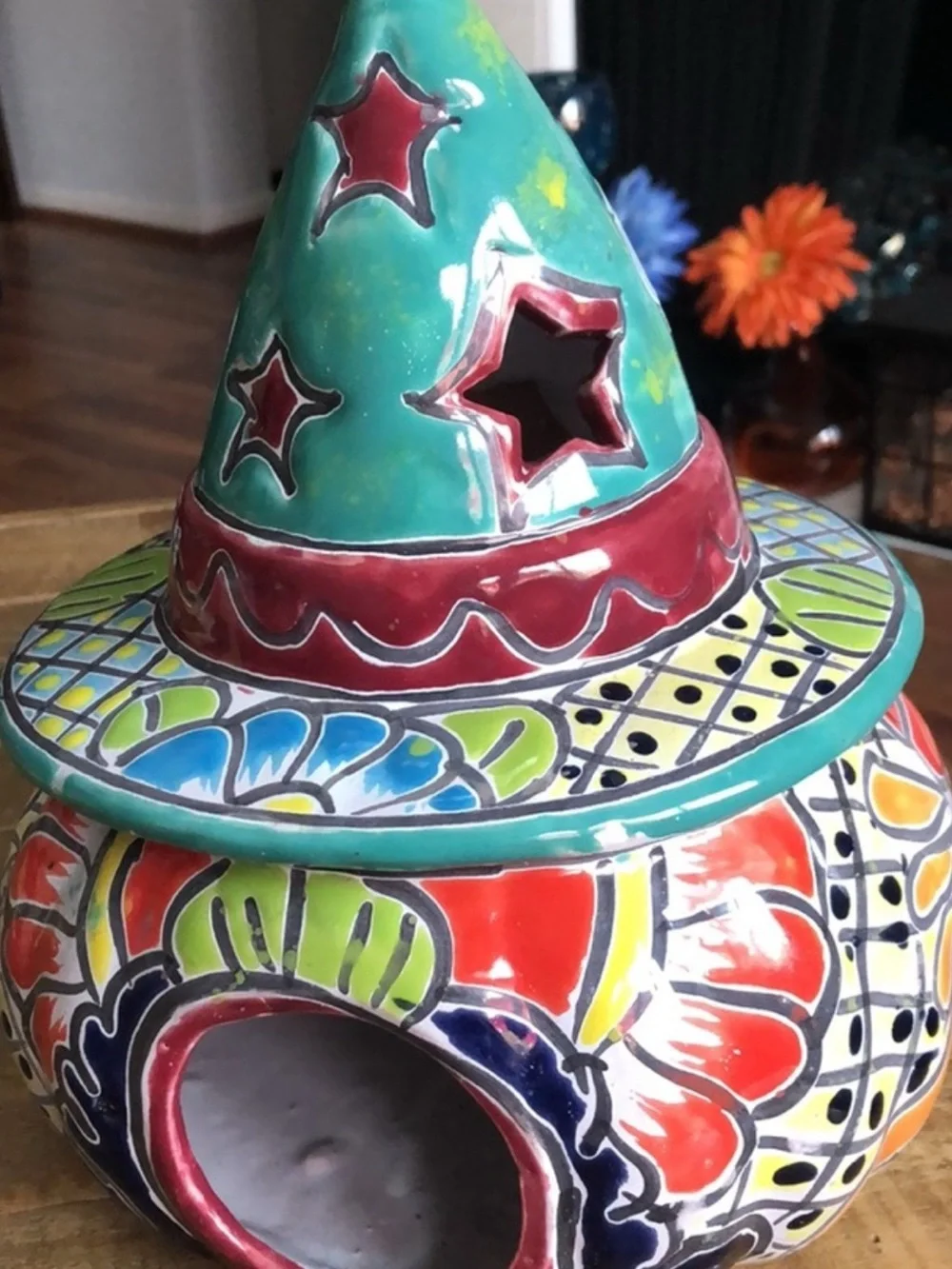 Talavera Colorful Ceramic Jack-O'-Lantern with Witch Hat